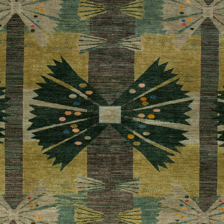 Textile showcasing geometric and symmetrical patterns with vibrant color accents.