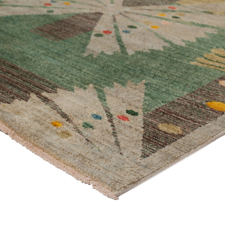 Vibrant and intricate carpet design with tribal-inspired abstract patterns.