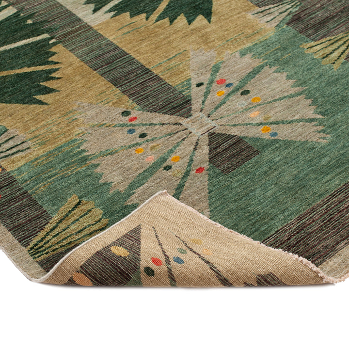 Abstract floral and botanical motifs dominate the patterned carpet corner.