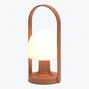Modern portable lamp with frosted diffuser and terracotta support.