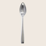 Polished stainless steel spoon with clean, modern design and reflection.