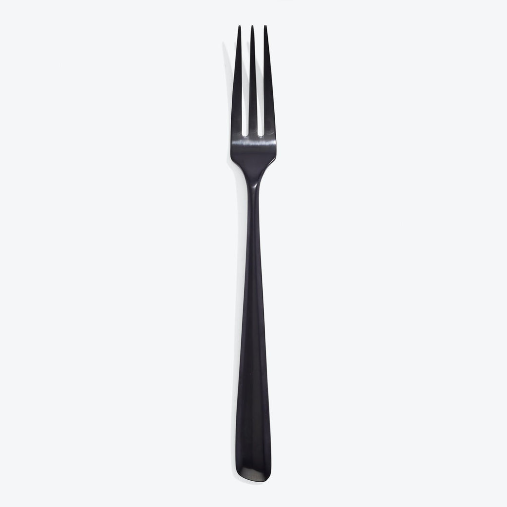 Sleek and modern black fork with four tines on white.