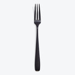 A minimalist, sleek black fork with four tines on white.