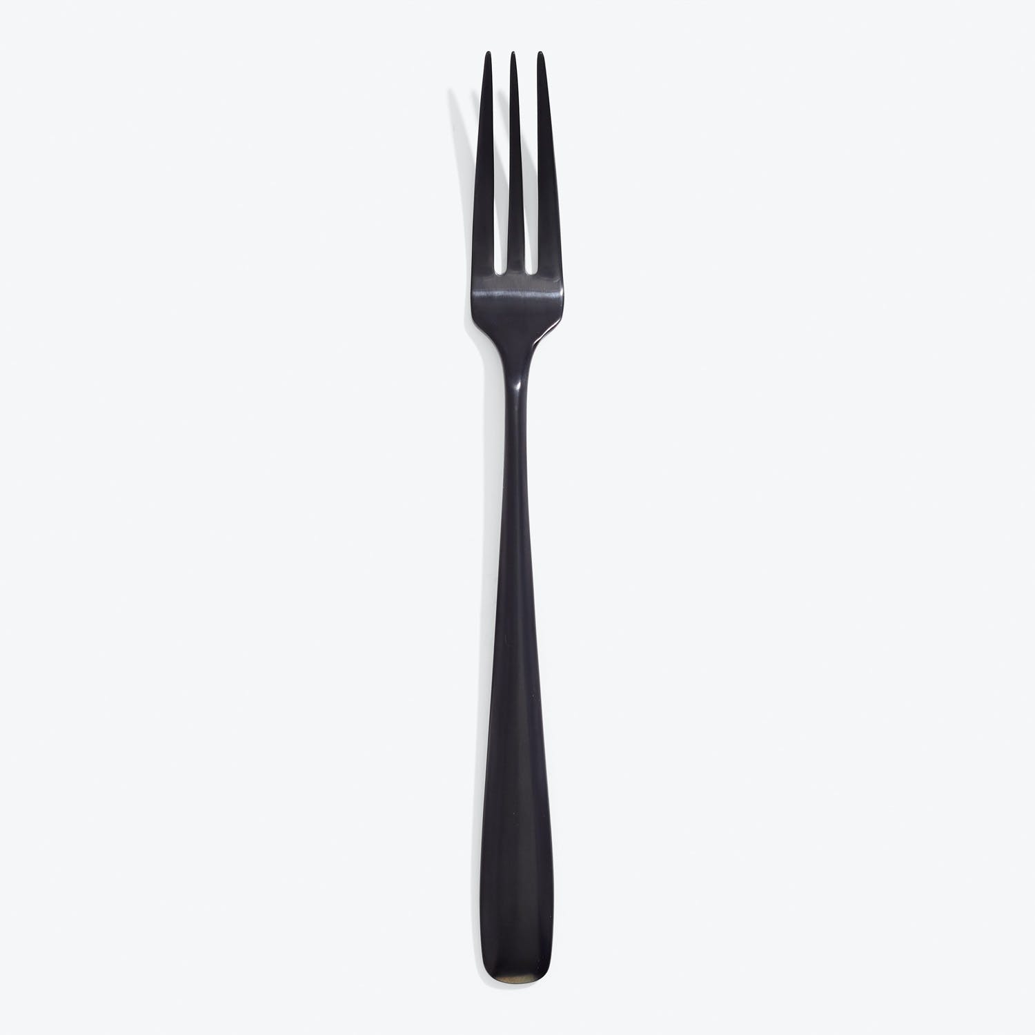 A minimalist, sleek black fork with four tines on white.