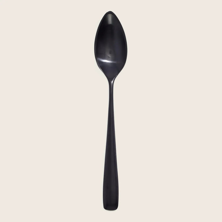 Contemporary glossy black spoon with a subtle curved reflection.