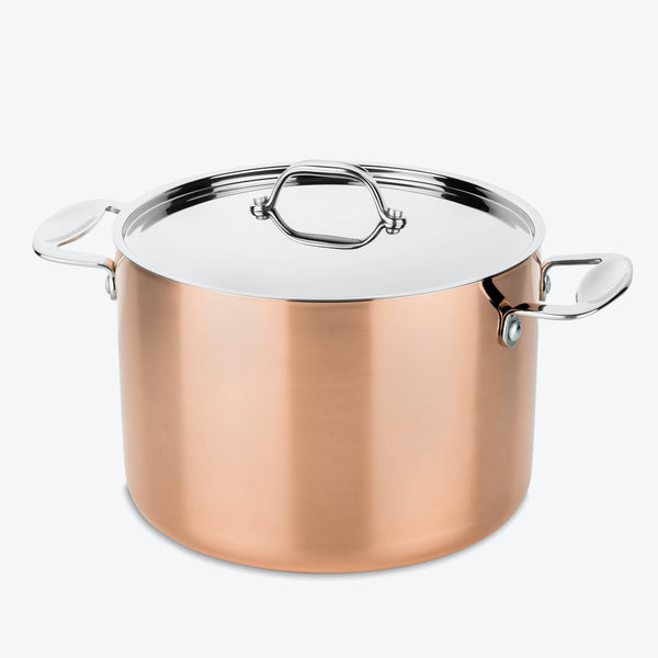 Polished copper stockpot with stainless steel accents and handles.