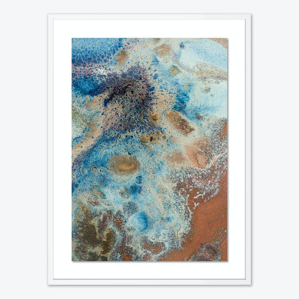 Abstract artwork with vibrant colors and textures, framed for display.