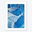 Vibrant blue geode-like abstract artwork framed with white border