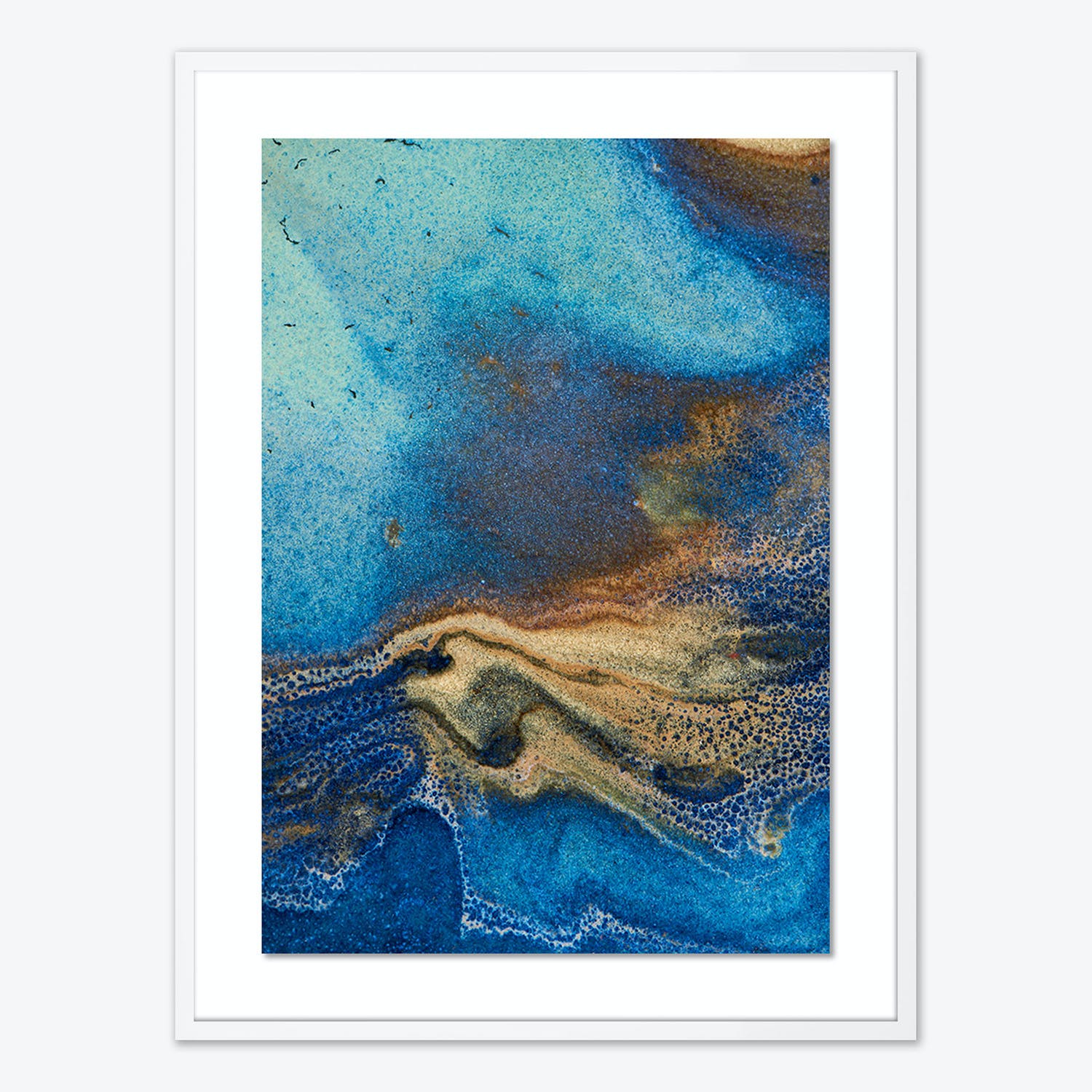 Abstract art with blue and golden-brown tones evokes coastal landscapes.