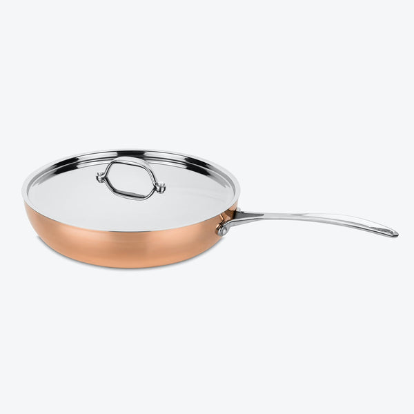 New copper frying pan with matching stainless steel lid.