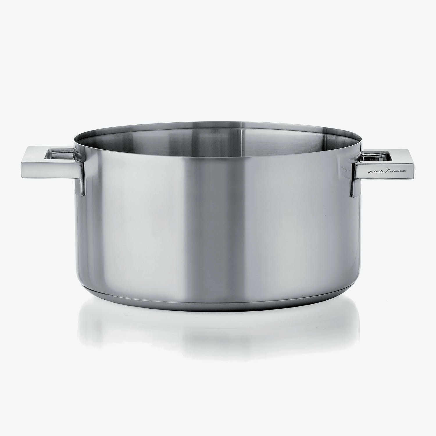 Sleek stainless steel cooking pot with squared handles for easy grip.