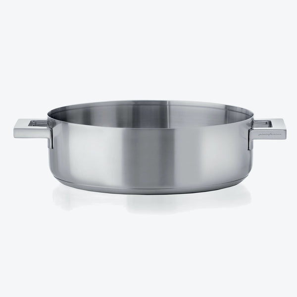 Large stainless steel sauté pan with two sturdy handles.