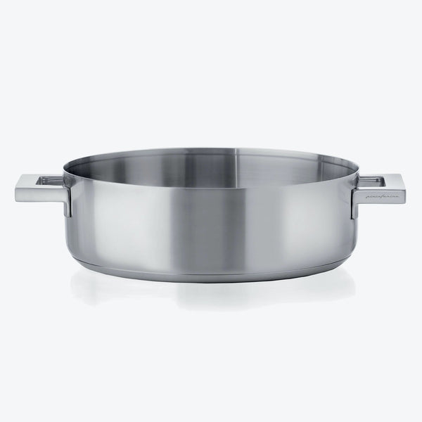 Stainless steel sauté pan with loop handles and polished finish.