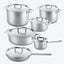 Set of stainless steel cookware with various pot sizes and sleek design.