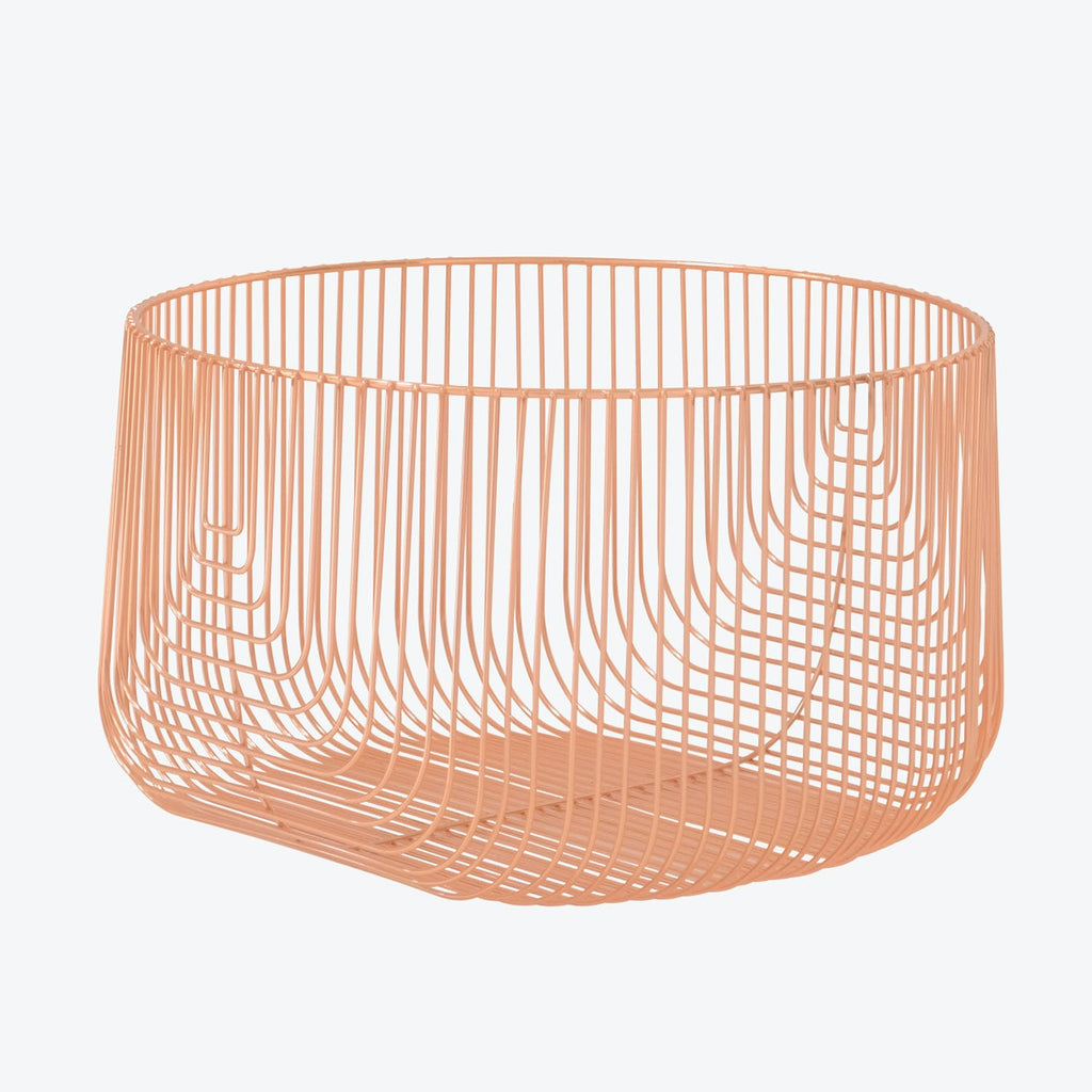 3D rendering or photograph of a copper wireframe basket, empty.