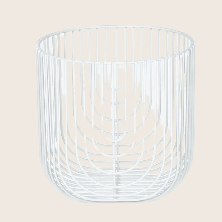 White wireframe cylindrical container with grid-like structure, perfect for storage.