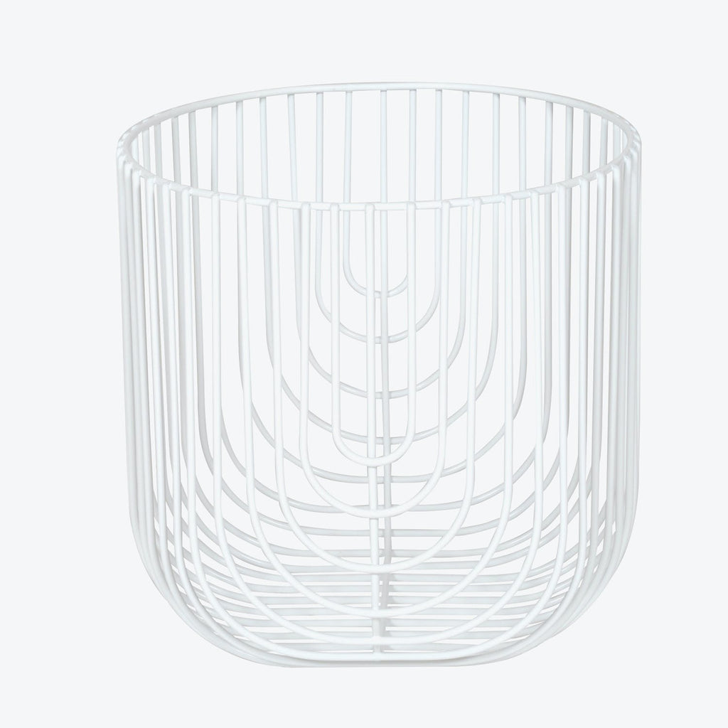 White wireframe cylindrical container with grid-like structure, perfect for storage.