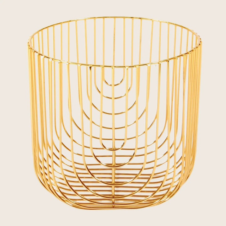 Gold wire basket with grid-like pattern for storage or decor