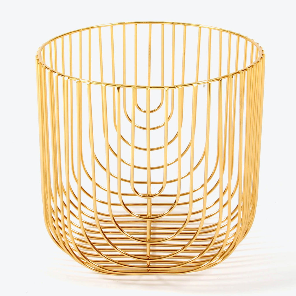Gold wire basket with grid-like pattern for storage or decor