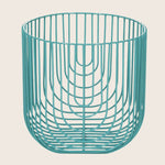 Teal wire basket with open design, suitable for multiple purposes.