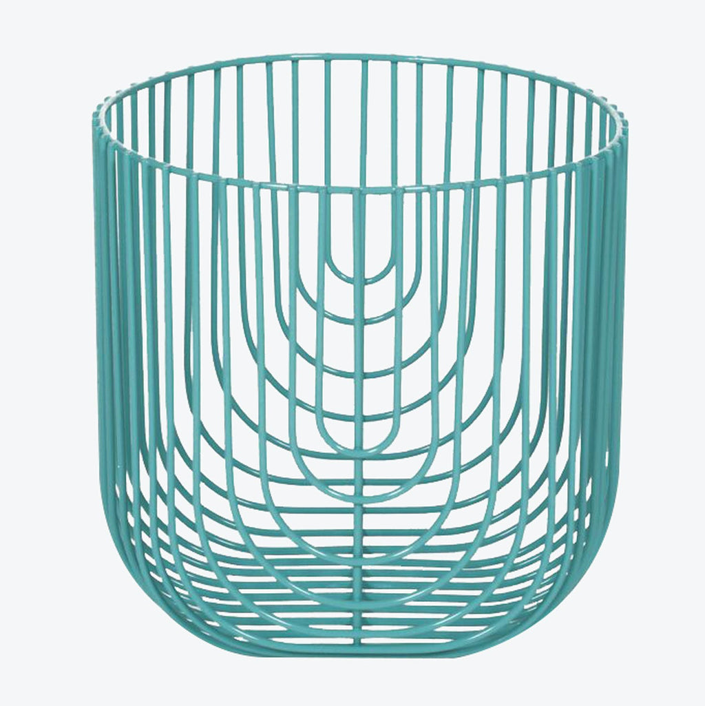 Teal wire basket with open design, suitable for multiple purposes.