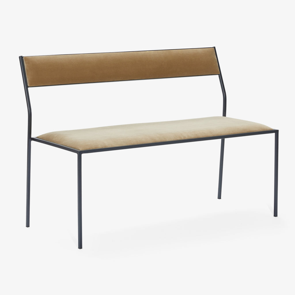 Minimalist black metal bench with light and brown upholstered fabric