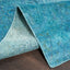 Folded corner of textured blue rug resting on wooden floor