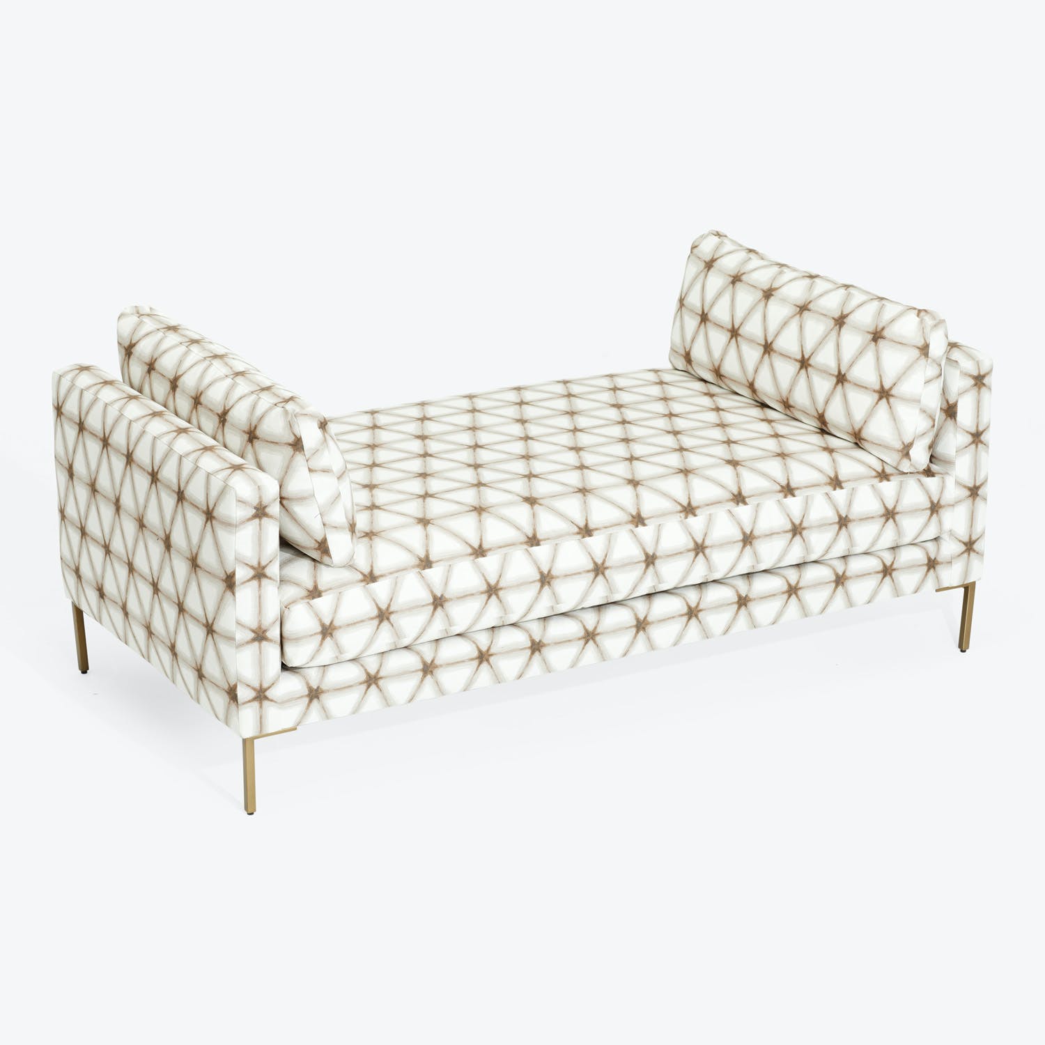 Modern two-seater sofa with geometric pattern and elegant brass legs.