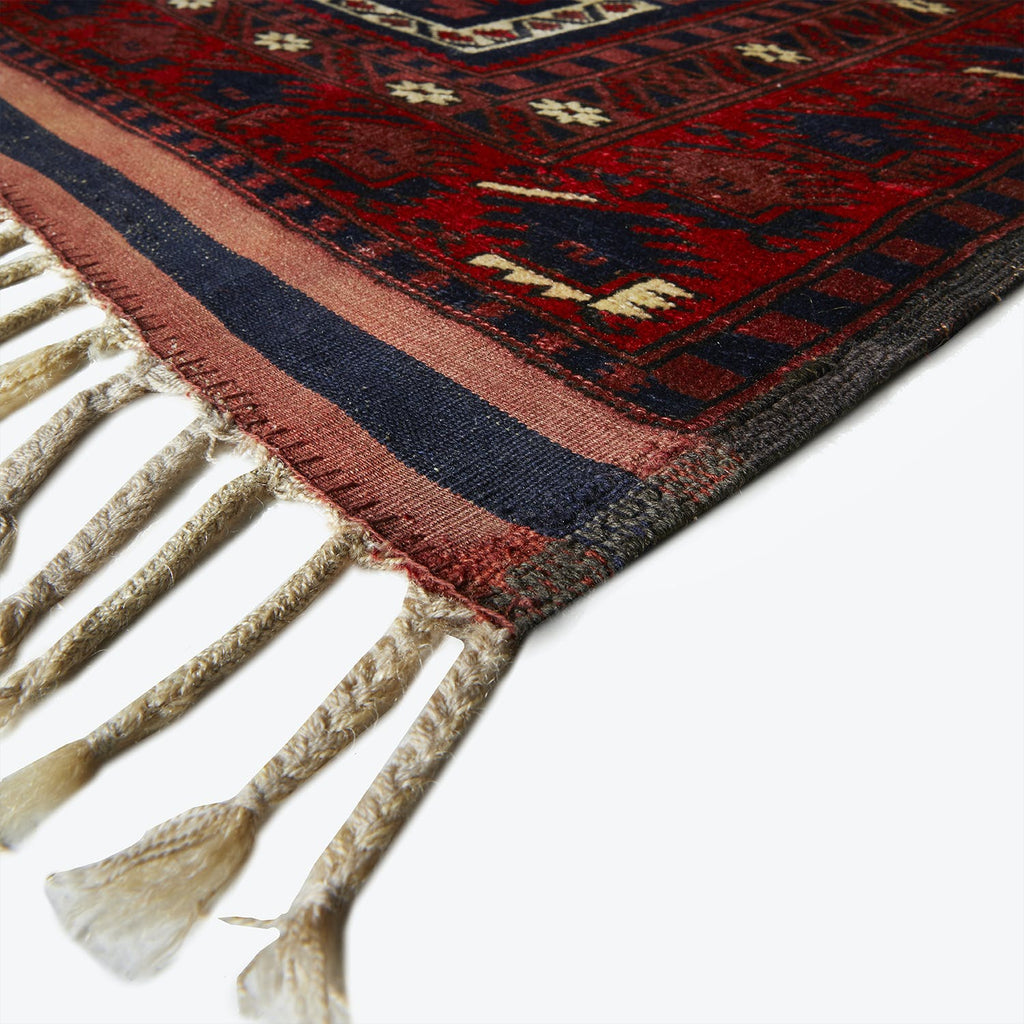 Close-up of a richly patterned rug with fringe detailing.