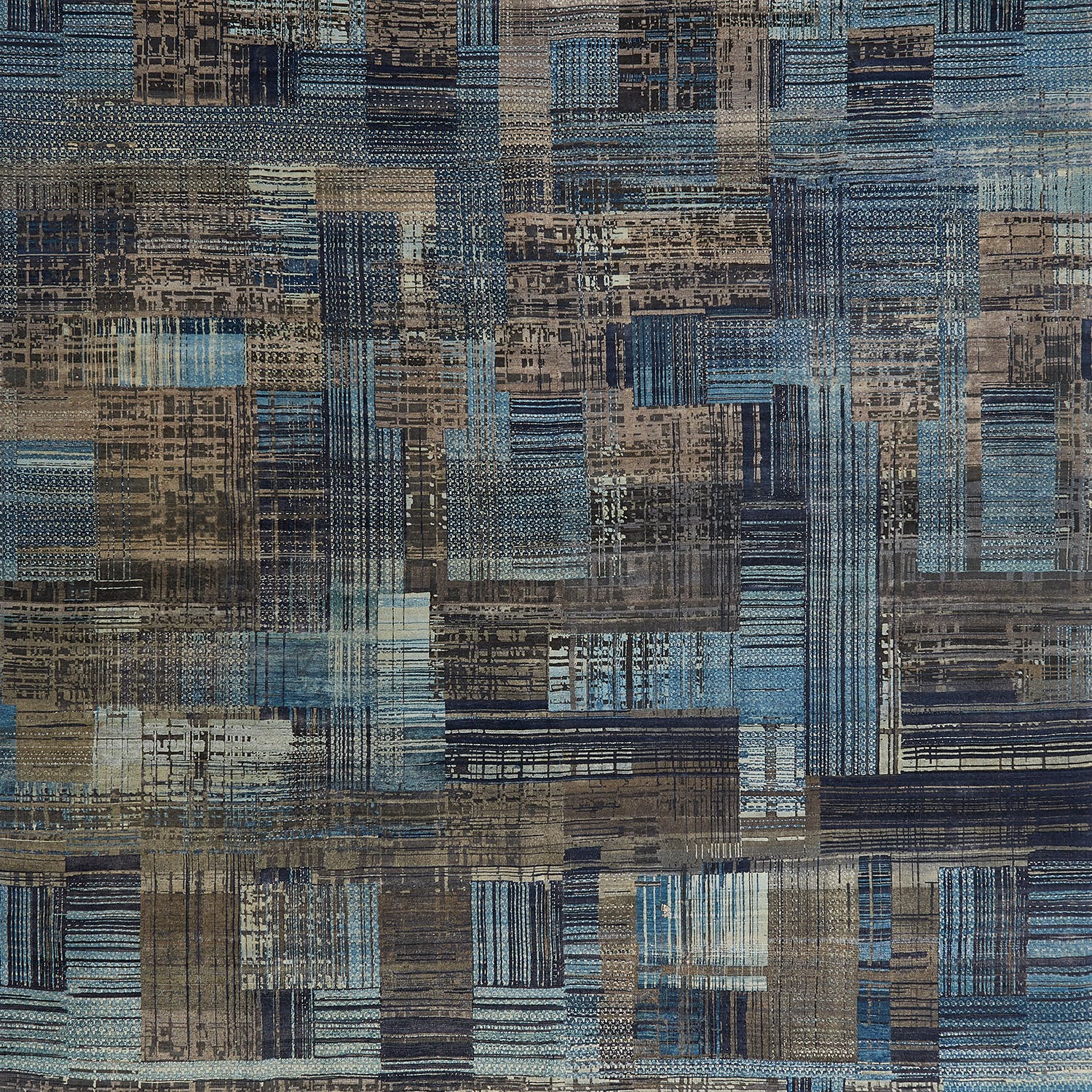 Complex interwoven pattern of textured rectangles in deep blues and browns.
