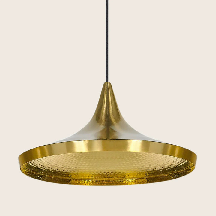 A modern pendant light with a sleek design and gold finish.