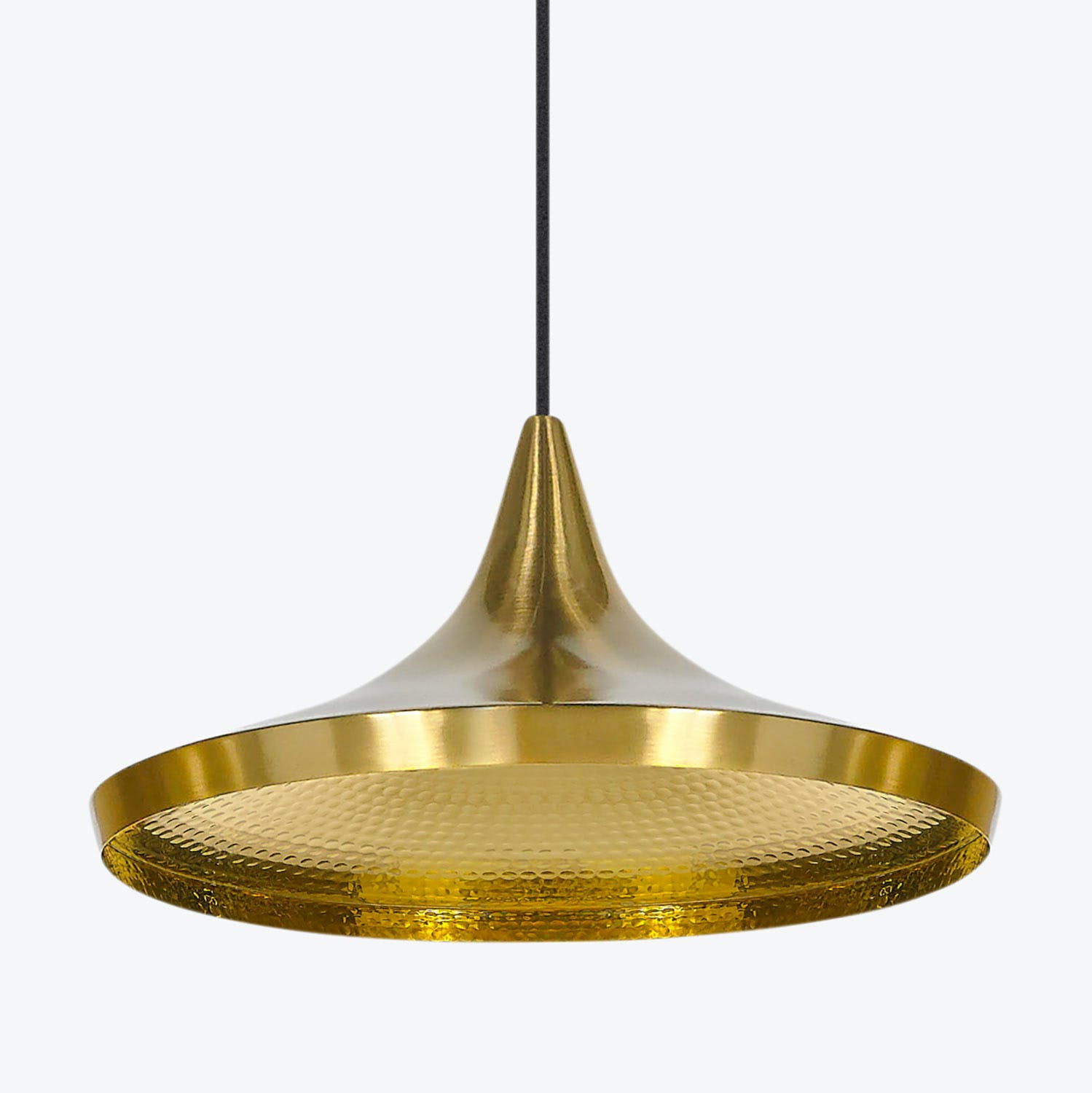 A modern pendant light with a sleek design and gold finish.