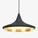 Contemporary pendant light with sleek inverted cone shape and golden hue.