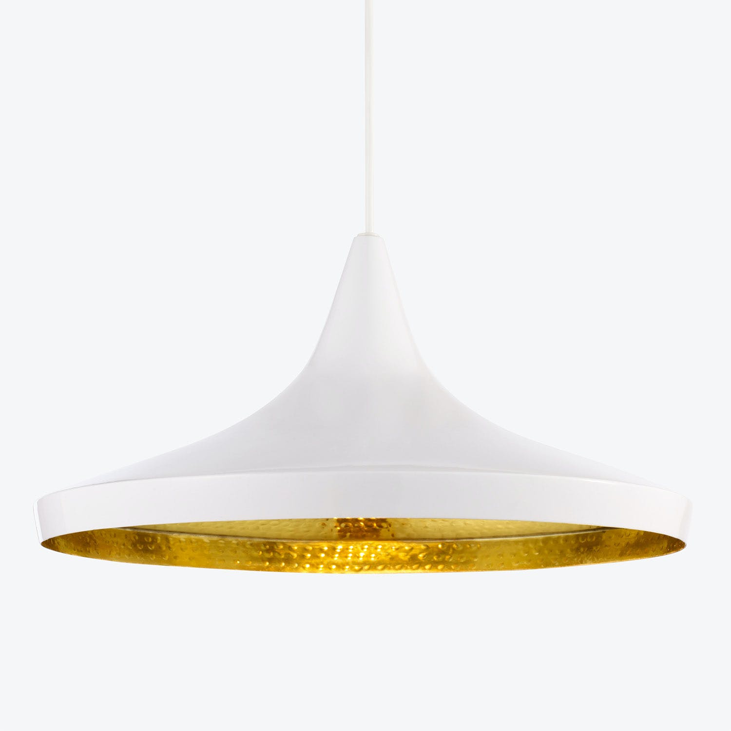Modern pendant light with sleek white exterior and golden interior.