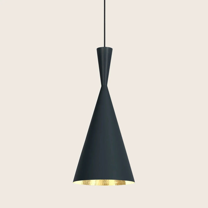 Modern pendant light with black cone-shaped lampshade and gold interior.