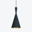 Modern pendant light with black cone-shaped lampshade and gold interior.