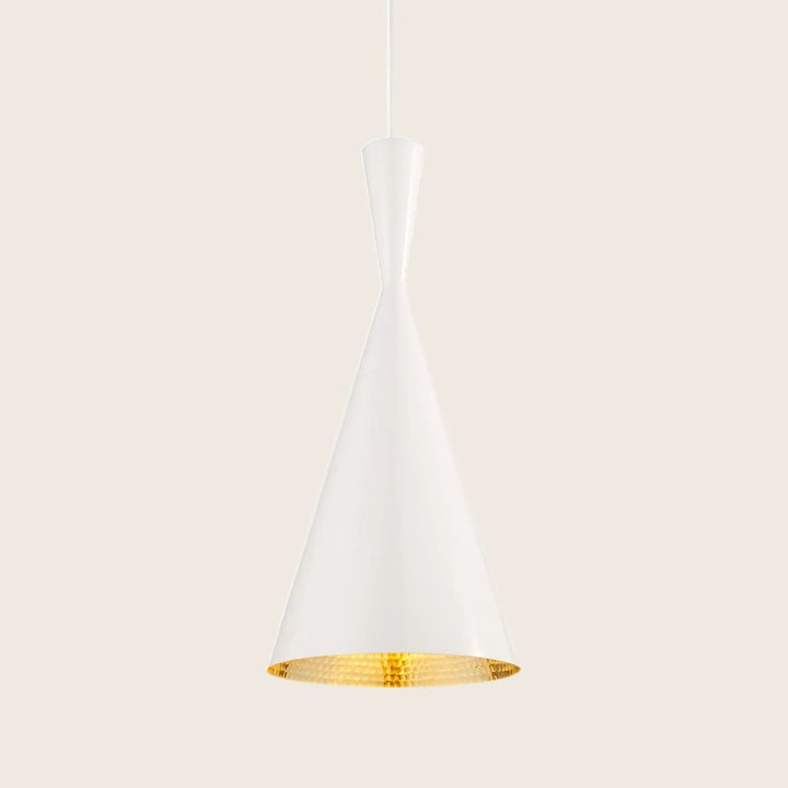 Modern pendant light with minimalist design; white color blends seamlessly.