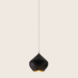 Contemporary pendant light with matte black finish emits warm glow.
