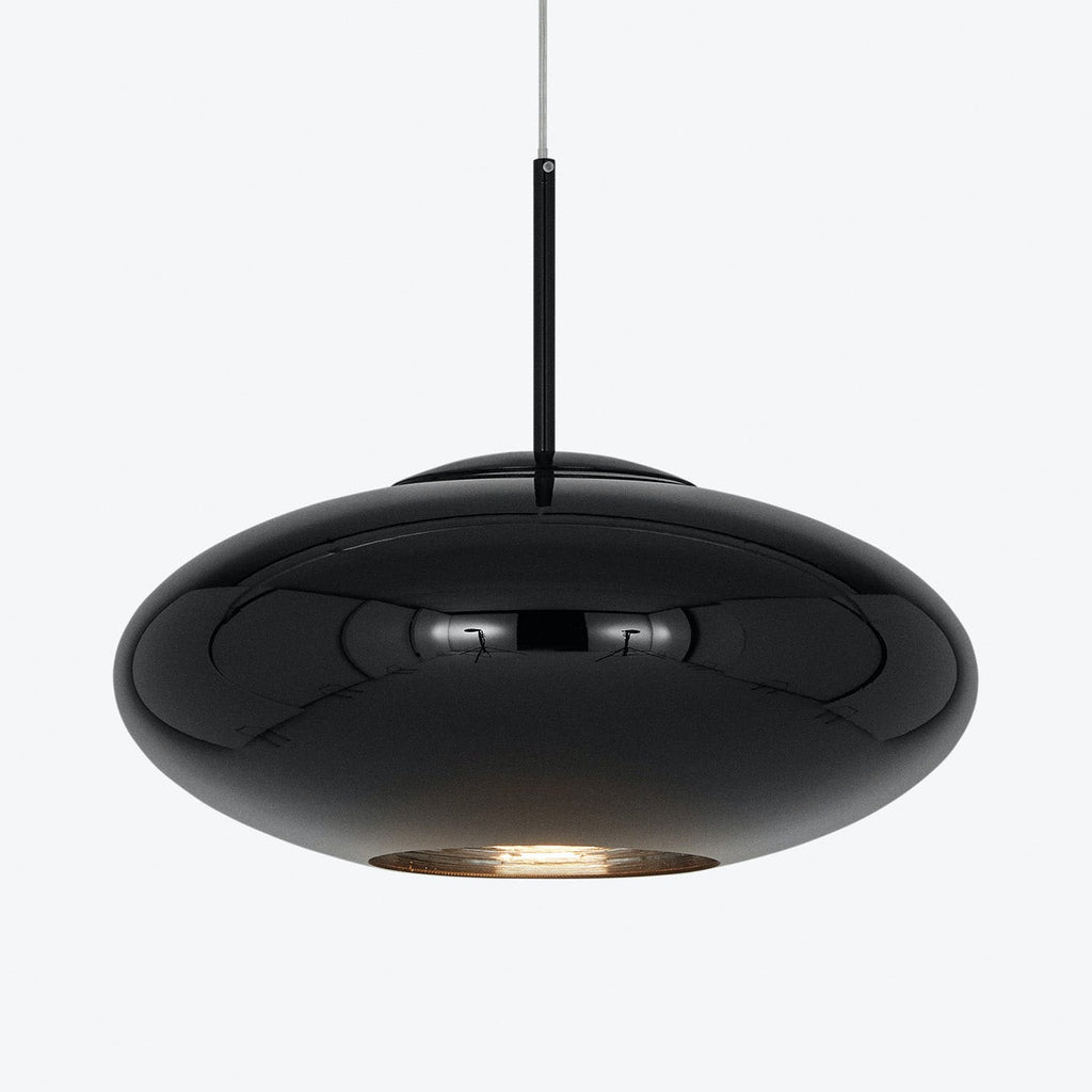 Sleek, glossy black pendant light fixture with modern design aesthetic.