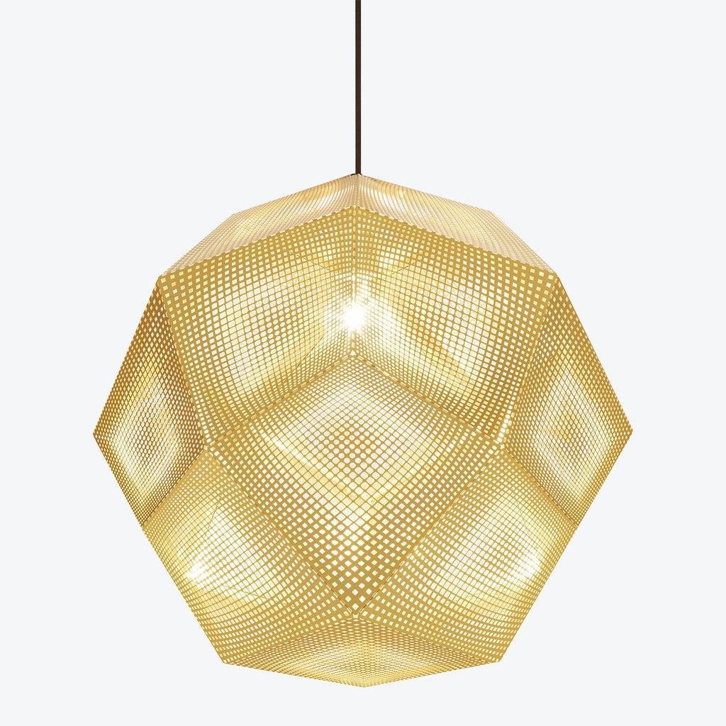 Modern dodecahedron pendant light fixture with intricate geometric design.