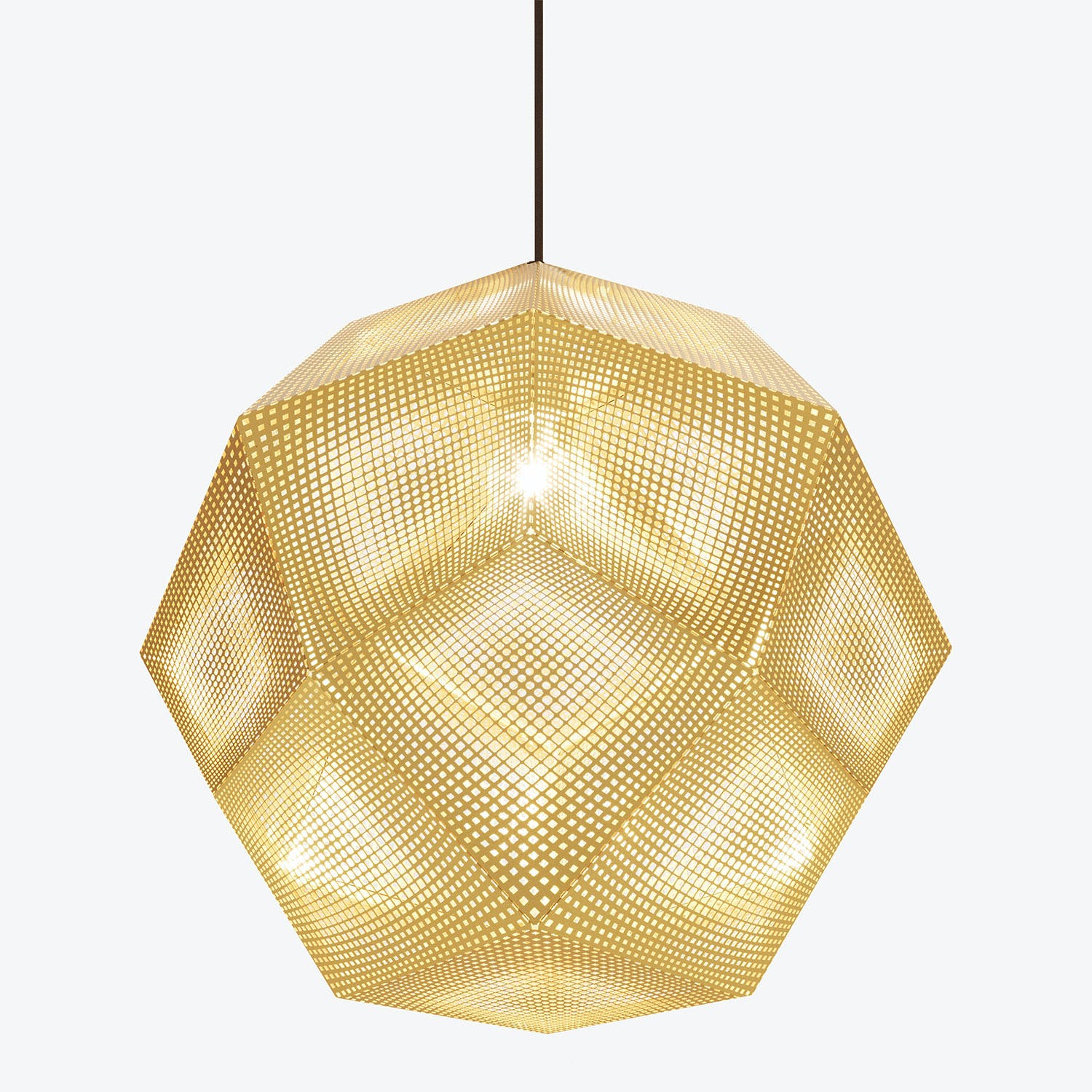 Modern dodecahedron pendant light fixture with intricate geometric design.