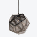 Modern pendant light fixture with intricate perforated metallic dodecahedron design.