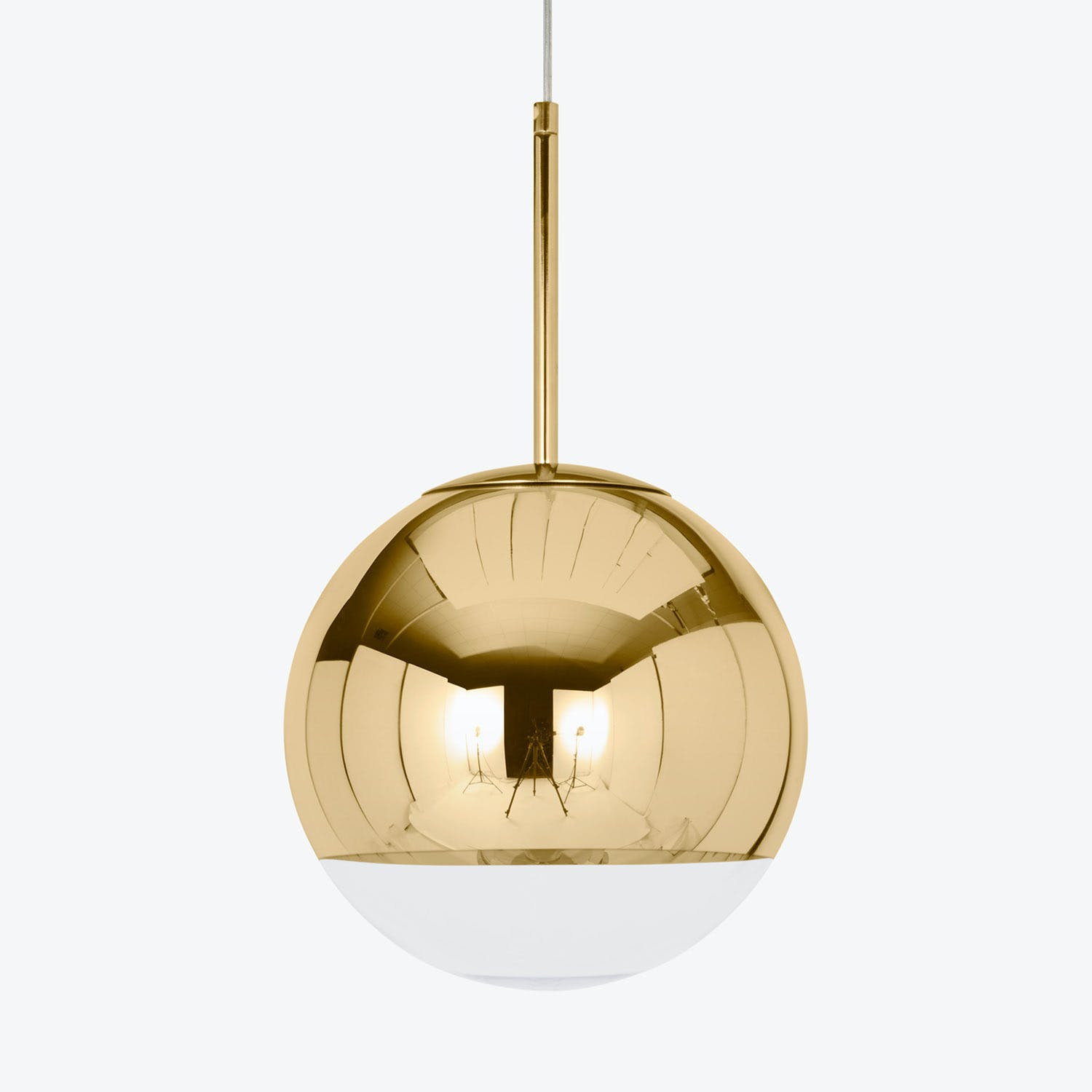 Contemporary pendant light fixture with gold reflective upper half.
