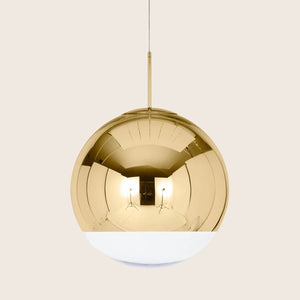 Contemporary pendant light fixture with gold reflective upper half. - hover