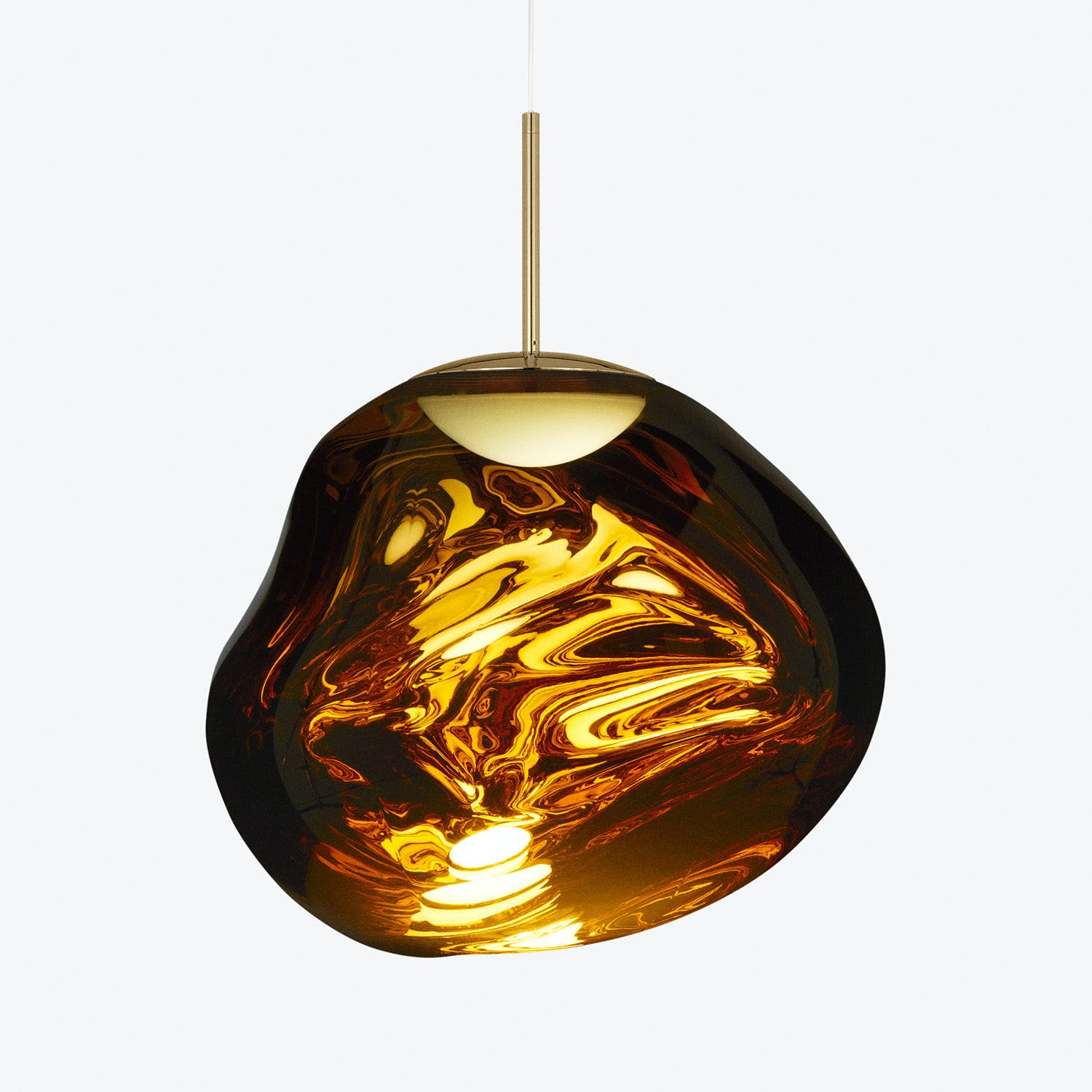 An artistic pendant light with a swirling, molten-like pattern illuminates.