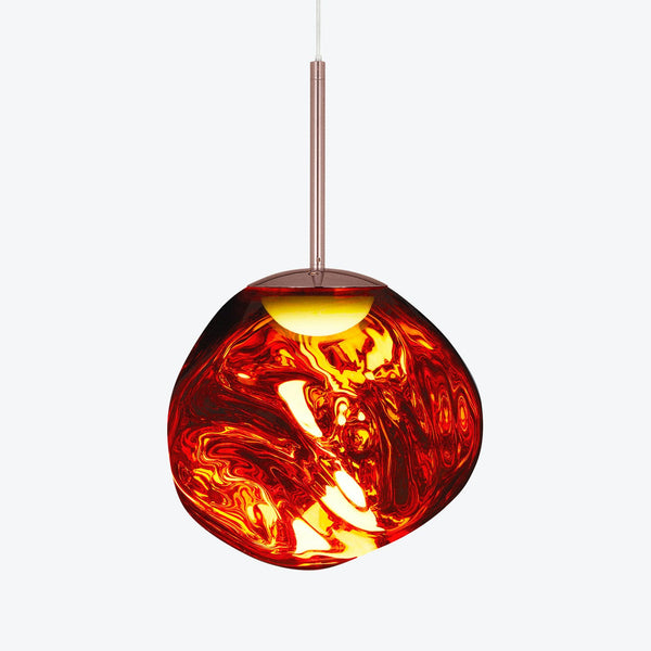 Vibrant red-orange pendant light fixture with swirling glass patterns.