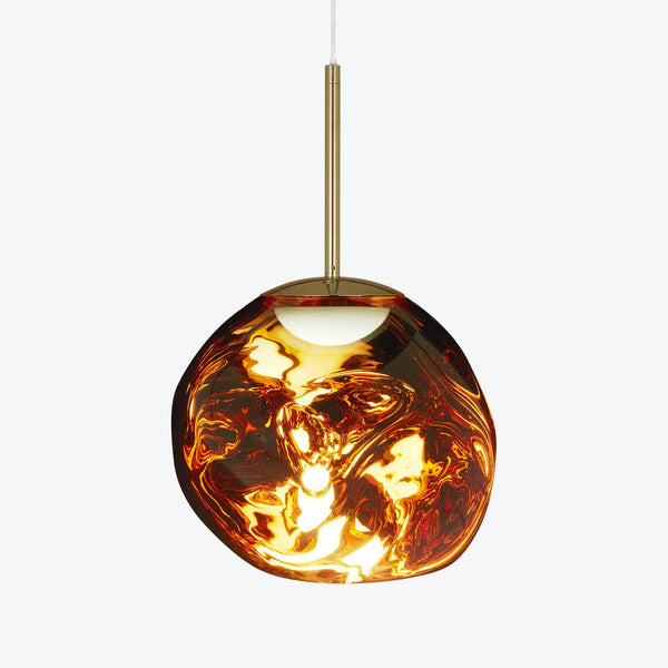 Stunning pendant light fixture with swirling fiery patterns illuminates interior.