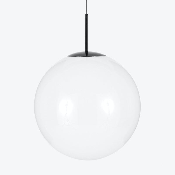 Minimalist pendant lamp featuring a sleek spherical white glass shade.
