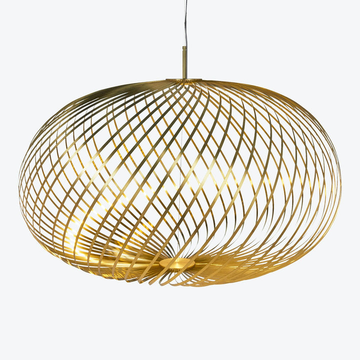 Contemporary pendant light with golden metal strips creates stunning patterns.