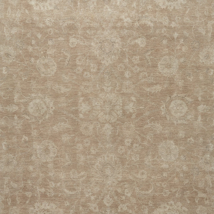 Symmetrical and ornate floral patterned fabric in muted beige color.